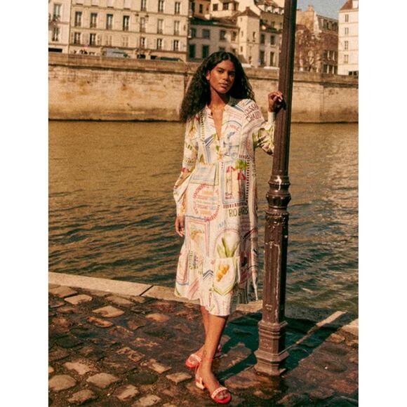 Rachel Zoe Linen Blend Midi Dress Sao paulo & Paris Print Sz medium Art To Wear - Picture 1 of 14